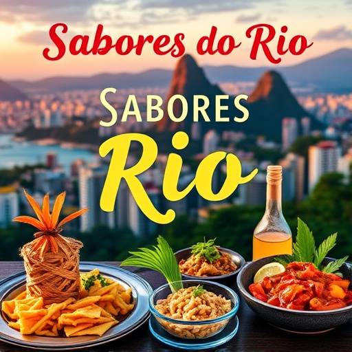 Capa do livro de receitas 'Sabores do Rio' com fotos de pratos da culinária carioca e o skyline do Rio de Janeiro ao fundo.