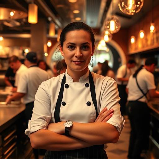 Chef Ana Carolina Pereira trabalhando com a equipe de cozinha de um restaurante no Rio de Janeiro.