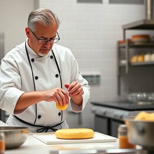 Chef de cozinha renomado ensinando técnicas avanäadas de confeitaria durante um curso de aperfeiäoamento.