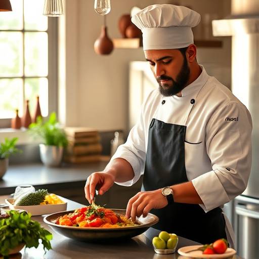 Chef preparando prato típico brasileiro em uma cozinha ensolarada