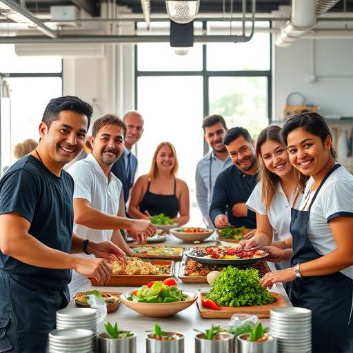 Grupo de colaboradores participando de uma oficina de culinária em uma empresa no Rio de Janeiro.