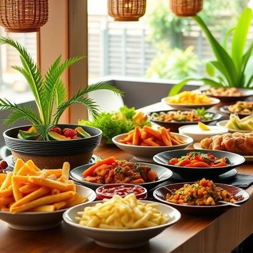 Mesa de buffet com pratos da culinária brasileira