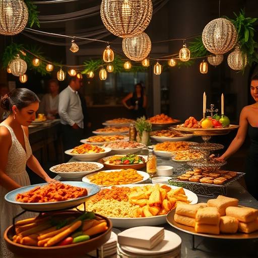 Mesa de buffet decorada com pratos típicos da culinária brasileira durante um casamento no Rio de Janeiro.