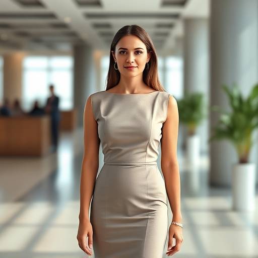Mulher usando um vestido de corte reto e cores neutras em um ambiente corporativo.